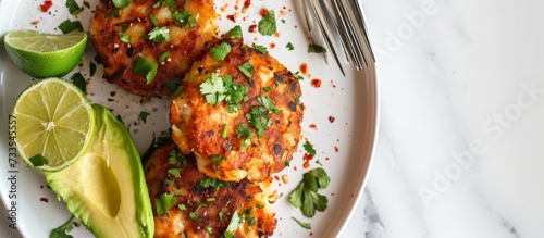 Fish fritters topped with lime, avocado on a white plate, healthy snacks or to-go bites. photo