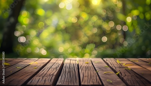 Wood table top on nature green bokeh abstract background
