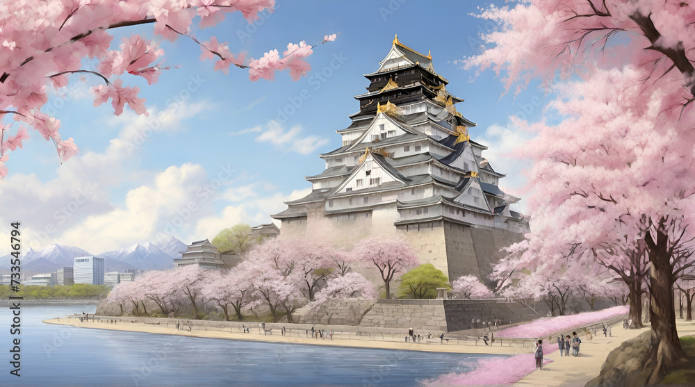 Fototapeta premium Osaka castle with cherry blossom. Japan, April,spring. .Generative AI