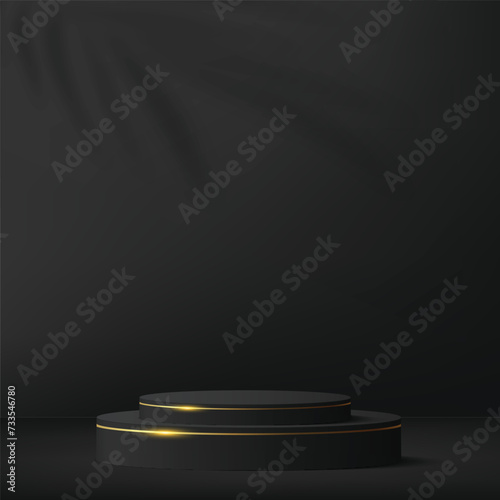 3d black color podium and minimal black gold color wall scene. 3d podium minimal abstract background. Vector