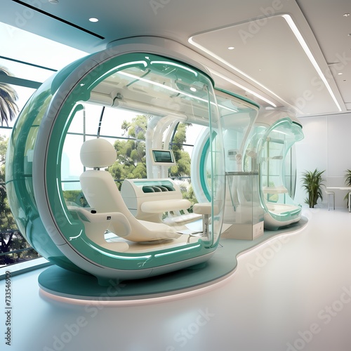 futuristic interior design, turtle shell closet, haute couture, in white and light green © Wipada