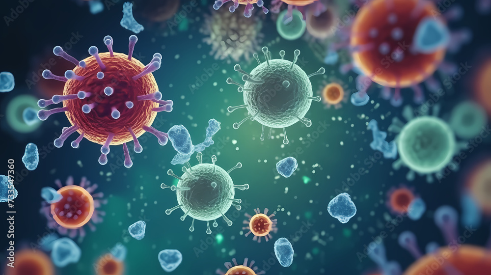 Various shapes of bacteria, probiotics under microscope, science, medicine concept background