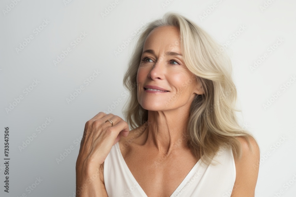 Portrait of a beautiful mature woman with long blond hair, looking away and smiling. Portrait of a beautiful mature woman with long blond hair, looking away and smiling.
