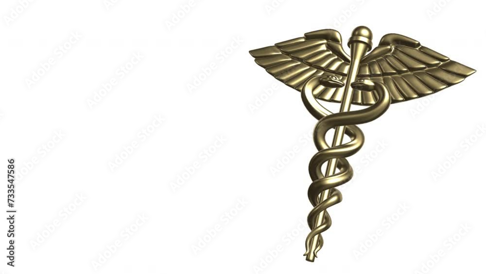 3D rendered gold color caduceus, symbol of medicine and related sciences, coming with dolly out to frame on white background. 4K resolution, large copy space.