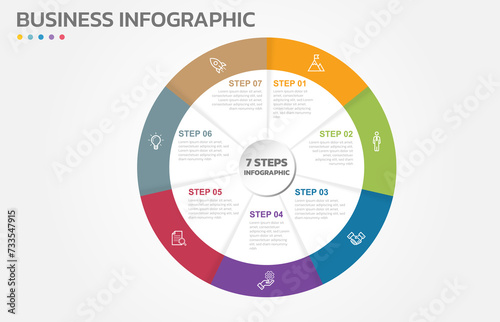 Visual data presentation. Cycle diagram with 7 options. Pie Chart Circle infographic template with 7 steps, options, parts, segments. Business concept. Marketing infographic vector illustration. 