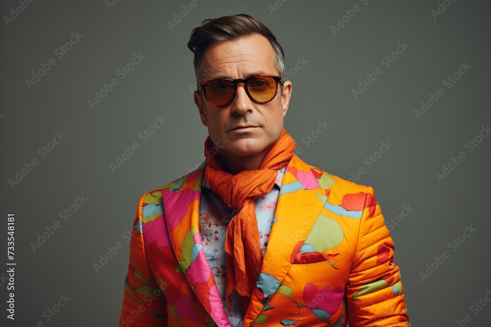 Portrait of a stylish man in bright jacket and sunglasses. Men's beauty, fashion. Portrait of a stylish man in bright jacket and sunglasses. Men's beauty, fashion.