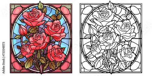 Stunning Bouquet of Pink Roses with Presents Coloring Page Stained Glass Vector Art