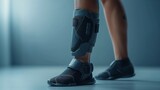 A mans leg wearing knee braces  with a big empty space in a clean backdrop, Generative AI.