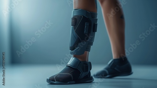 A mans leg wearing knee braces  with a big empty space in a clean backdrop, Generative AI. photo
