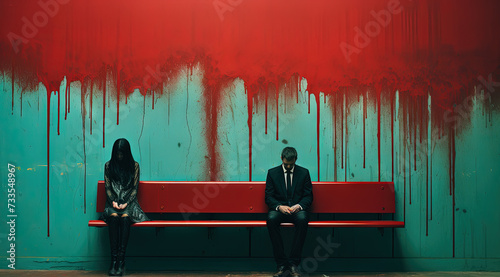 A man and a woman sit apart on a red bench, separated by a wall with dripping red paint