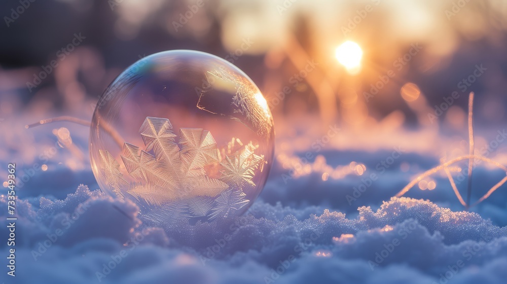 The tranquility of a winter morning is captured in the freeze of a bubble, its surface a canvas for ice art.