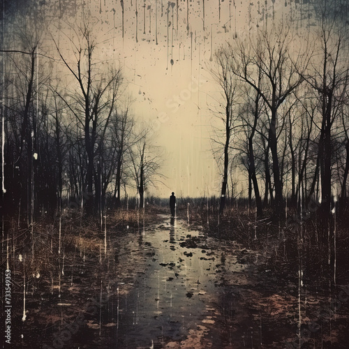 Solitary figure standing on a muddy path in a dark, bare tree landscape with paint drip effect