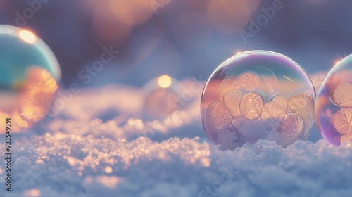 A bubble frozen in time, with a snowflake-like pattern, glows under the gentle kiss of the winter sun.