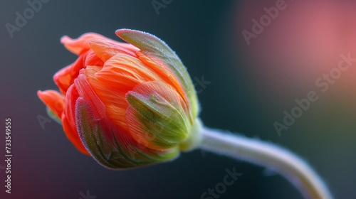 Macro shot of a budding flower with dew drops accentuating its vibrant petals.