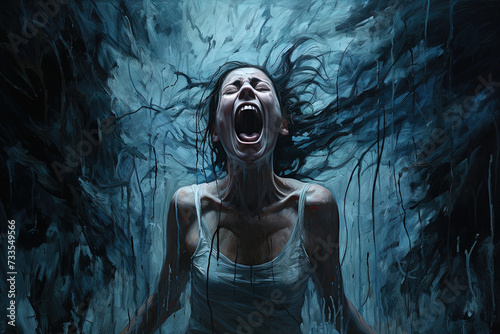 Woman screaming, engulfed by a chaotic swirl of dark paint-like substance