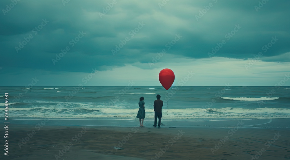 Obraz premium Two silhouetted figures stand by the sea with a single red balloon under a stormy sky