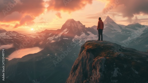 A solitary figure on a mountain peak overlooks the serene beauty of nature at dusk.