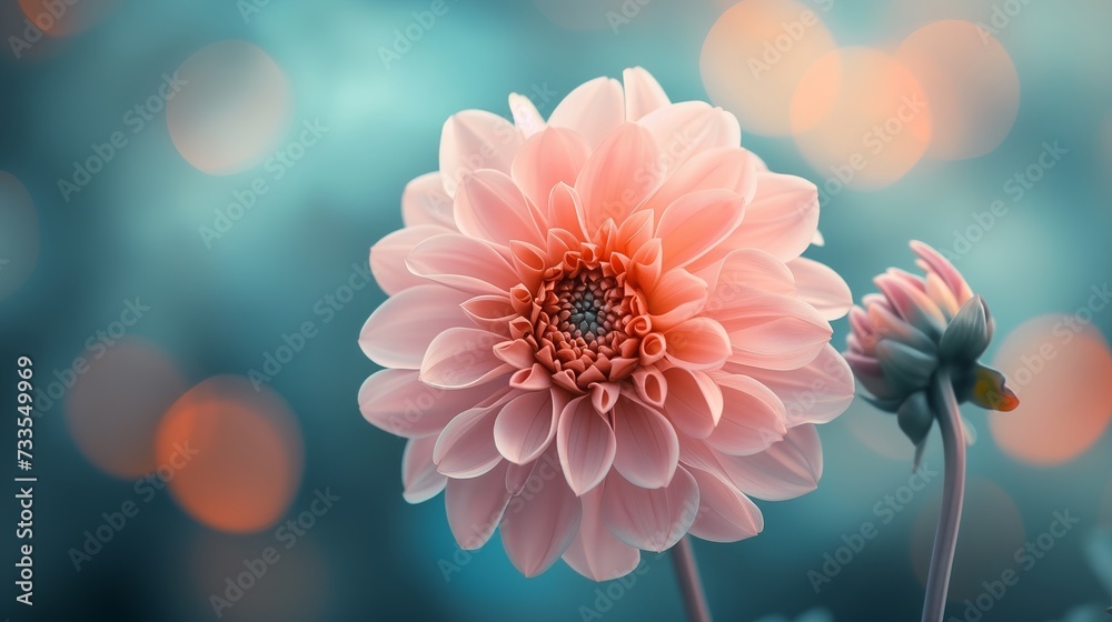 The soft focus on a blooming dahlia creates a tranquil floral scene, enhanced by morning light.