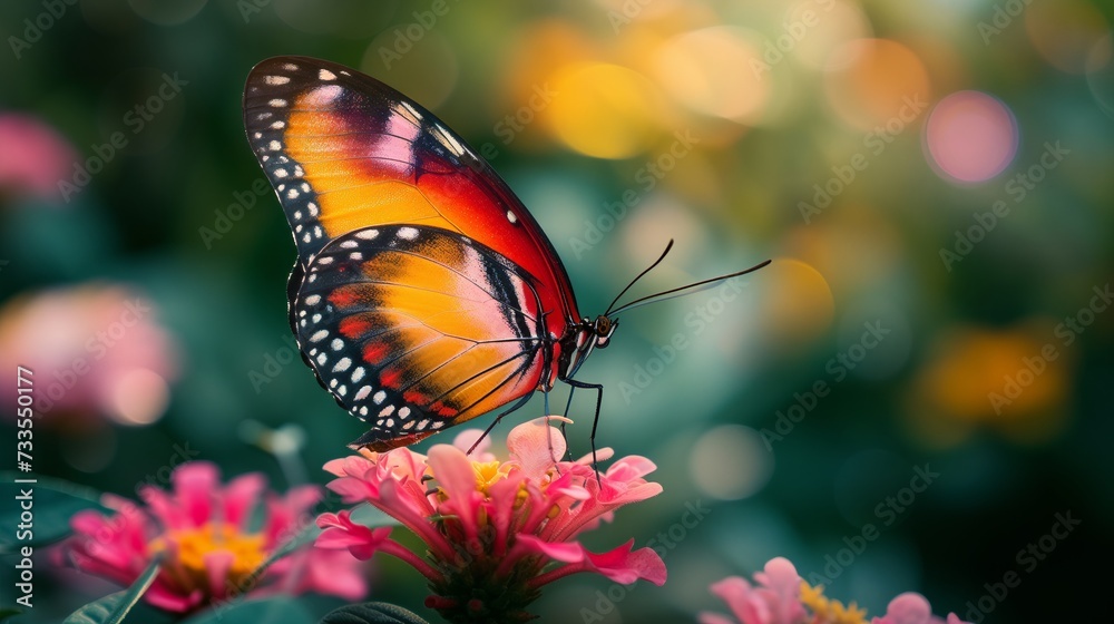 Fototapeta premium The artistry of nature displayed in the delicate interaction between a butterfly and flower.