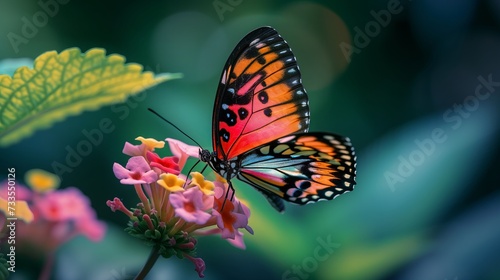 The natural pattern of a butterfly's wings stands out against the backdrop of a garden in bloom.