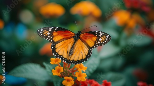 A moment of tranquility as a butterfly with vivid wings sits atop a blooming flower.