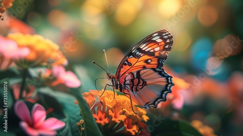 The serene environment of a garden is punctuated by the presence of a colorful butterfly on a flower.