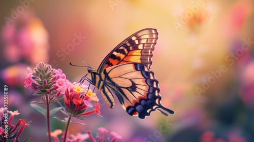 The dance of a butterfly's wings against the bright hues of a flower in full bloom.