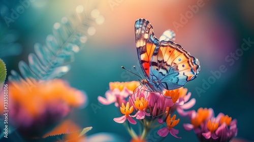 A butterfly's vibrant wings create a striking contrast with the orange petals of a flower.