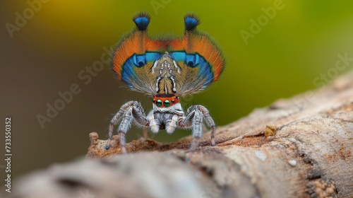 A macro view of a peacock spider in the midst of its fascinating mating dance.