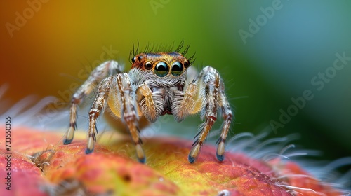 Close-up of a colorful jumping spider on a green leaf, showcasing its unique texture and patterns.