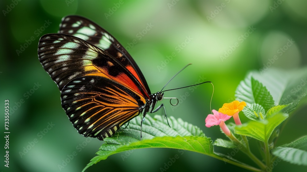 Nature's artwork: a macro view of a tropical butterfly with wings spread, revealing detailed patterns. Nature's artwork: a macro view of a tropical butterfly with wings spread, revealing detailed patterns.