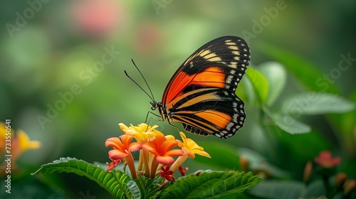 A macro shot capturing the stunning iridescence of a butterfly's wings in a lush tropical environment.