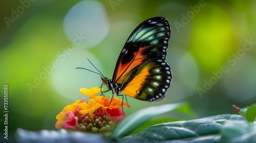 A butterfly s intricate wing patterns are highlighted in the moist  verdant setting of a rainforest.