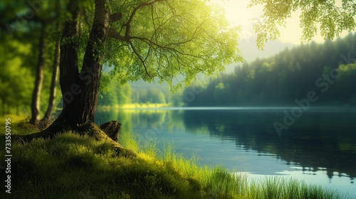 Clear morning skies over a still lake in a tranquil forest.