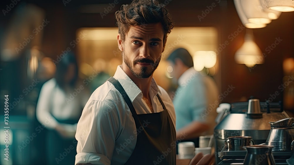 Fototapeta premium Barista in a coffee shop close-up, Hyper Real