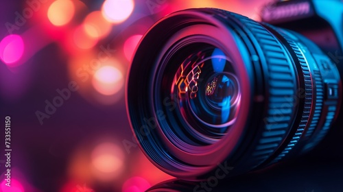 The camera lens s diaphragm in sharp focus against a colorful  blurred backdrop.