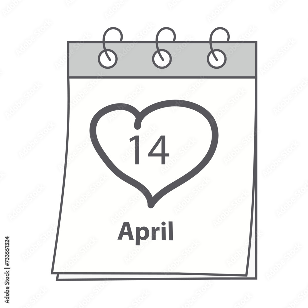 14 April calendar page with date and hand drawn hearts shape stroke. Design for Black Day greetings