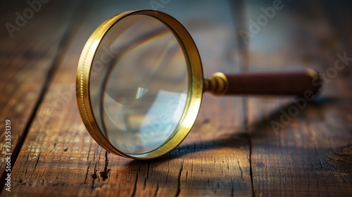 Magnifying glass enhancing the wooden grain, a fusion of natural and scientific.