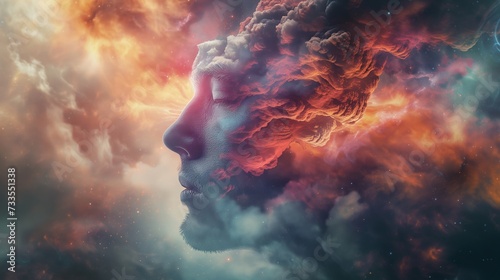 Surreal portrait where fiery elements and celestial cosmos blend into a vision of beauty.