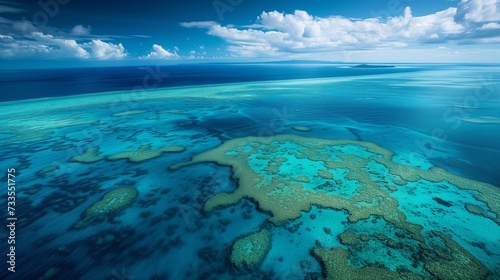 Reef structure and aquatic plants highlighted in the crystal waters of the Great Barrier Reef.