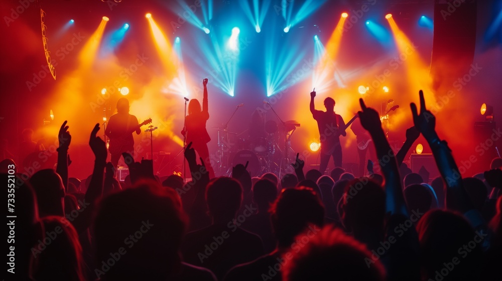 A music event filled with the exuberance of fans enjoying a live performance, accentuated by dramatic lighting.