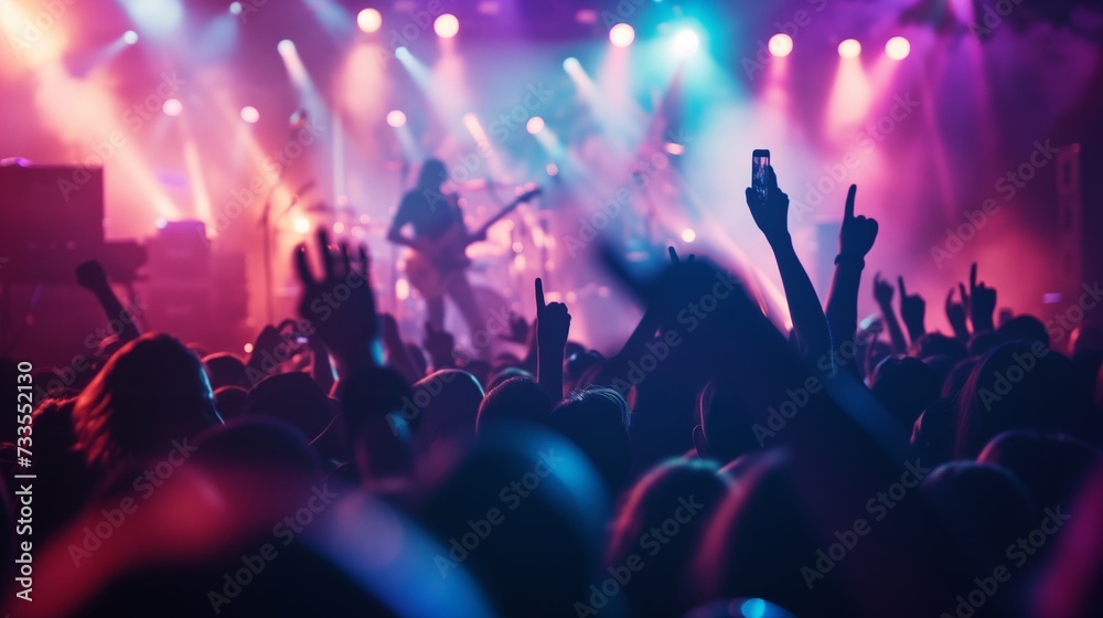 Silhouettes of concertgoers against the backdrop of a stage alight with vibrant colors and live music.