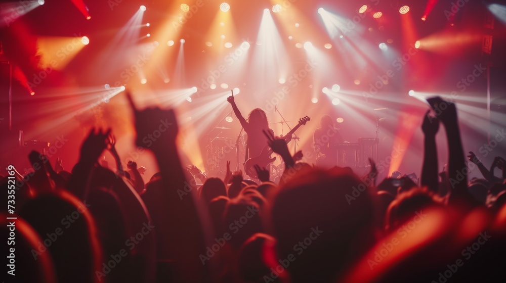 Fans celebrating the joy of music at a concert with energetic performances and dynamic stage lighting.