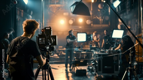 Inside the filmmaking process with a crew handling cameras, lighting, and set design on a film set. photo