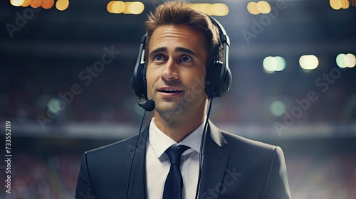 Sports commentator close-up, Hyper Real photo
