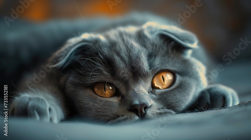 A gray tabby cat with mesmerizing amber eyes lies cozily on a soft surface, its gaze both curious and contemplative.