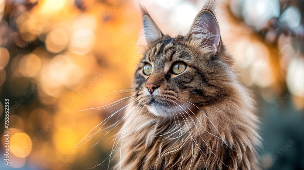 The regal stance of a Maine Coon is captured in detail, its luxurious striped fur glowing in the soft light of the evening.