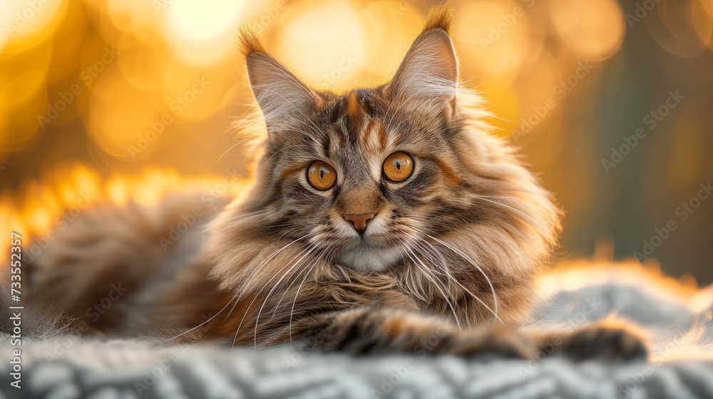 The soft, furry details of a Maine Coon's face are set against the blurred warmth of the sunset, creating a cozy and inviting portrait.