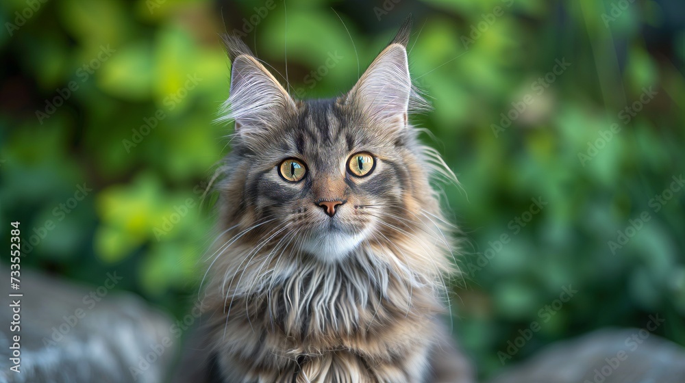 The expressive face of a Maine Coon, with its sharp whiskers and golden eyes, is beautifully framed by the soft light of the evening.