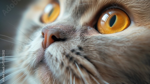 The amber eyes of a Scottish Fold stand out against its soft grey fur, reflecting a calm and restful demeanor.